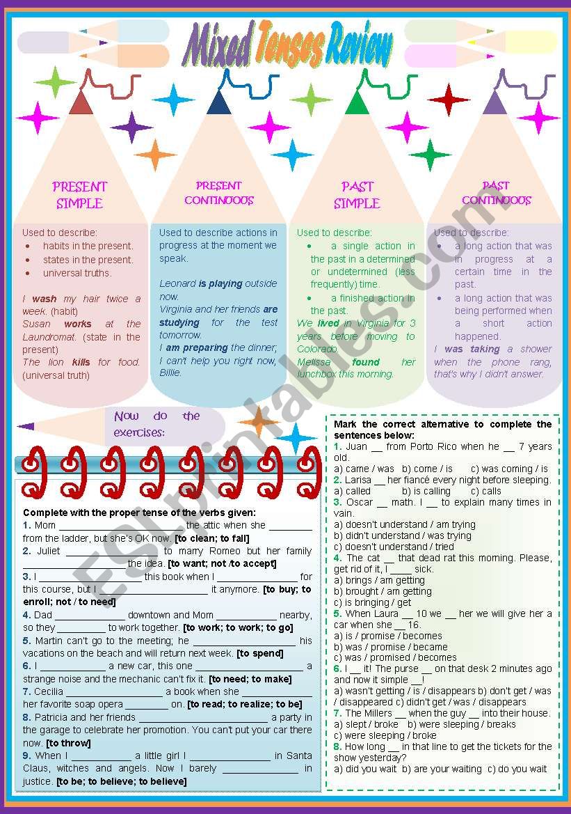 Mixed Tenses Review  rules, examples and exercises [present simple, present continuous, past simple, past continuous] KEYS INCLUDED ((2 pages)) ***editable